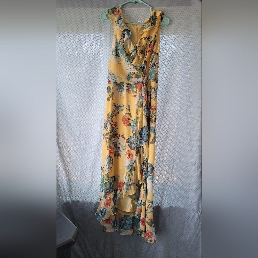 London Times Yellow Floral Ruffle Wrap Midi Dress | Chiffon Surplice Neck Sz 12